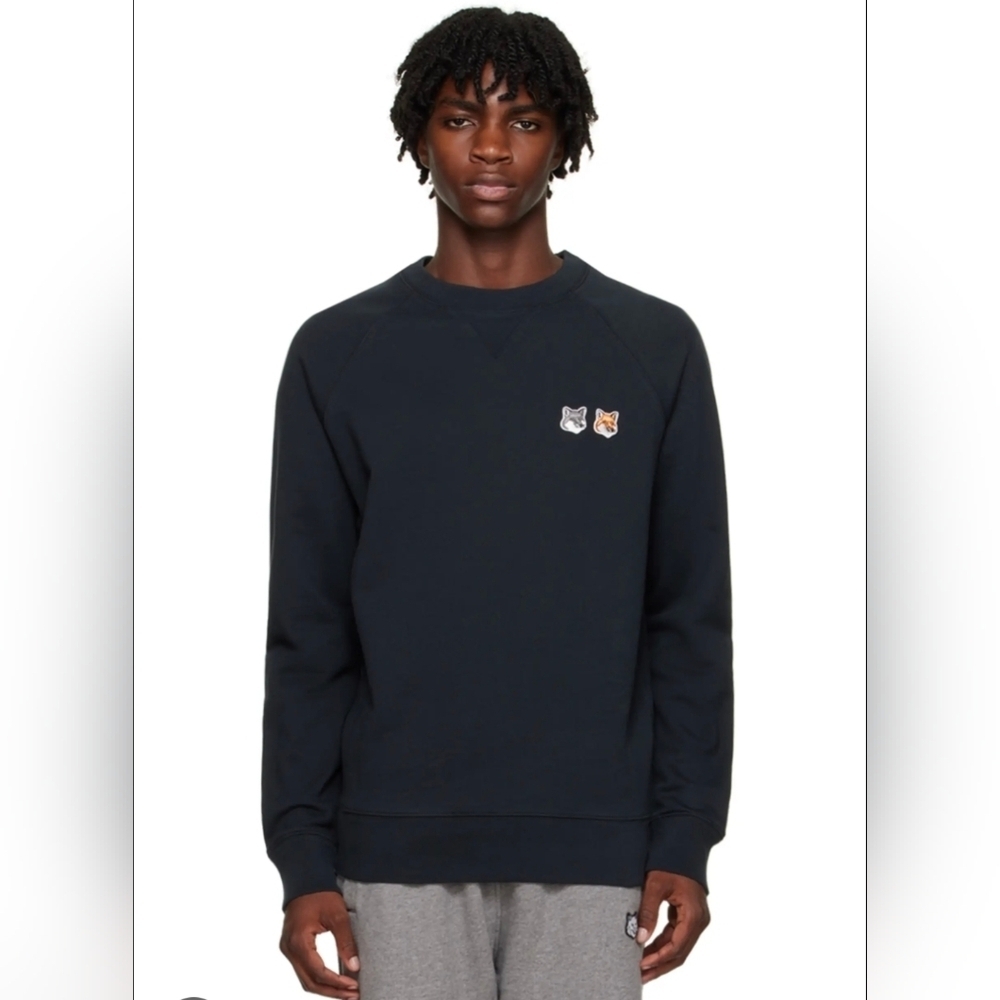 MAISON KITSUNE Faded Black Crewneck Sweater with Fox Patches Size Small
